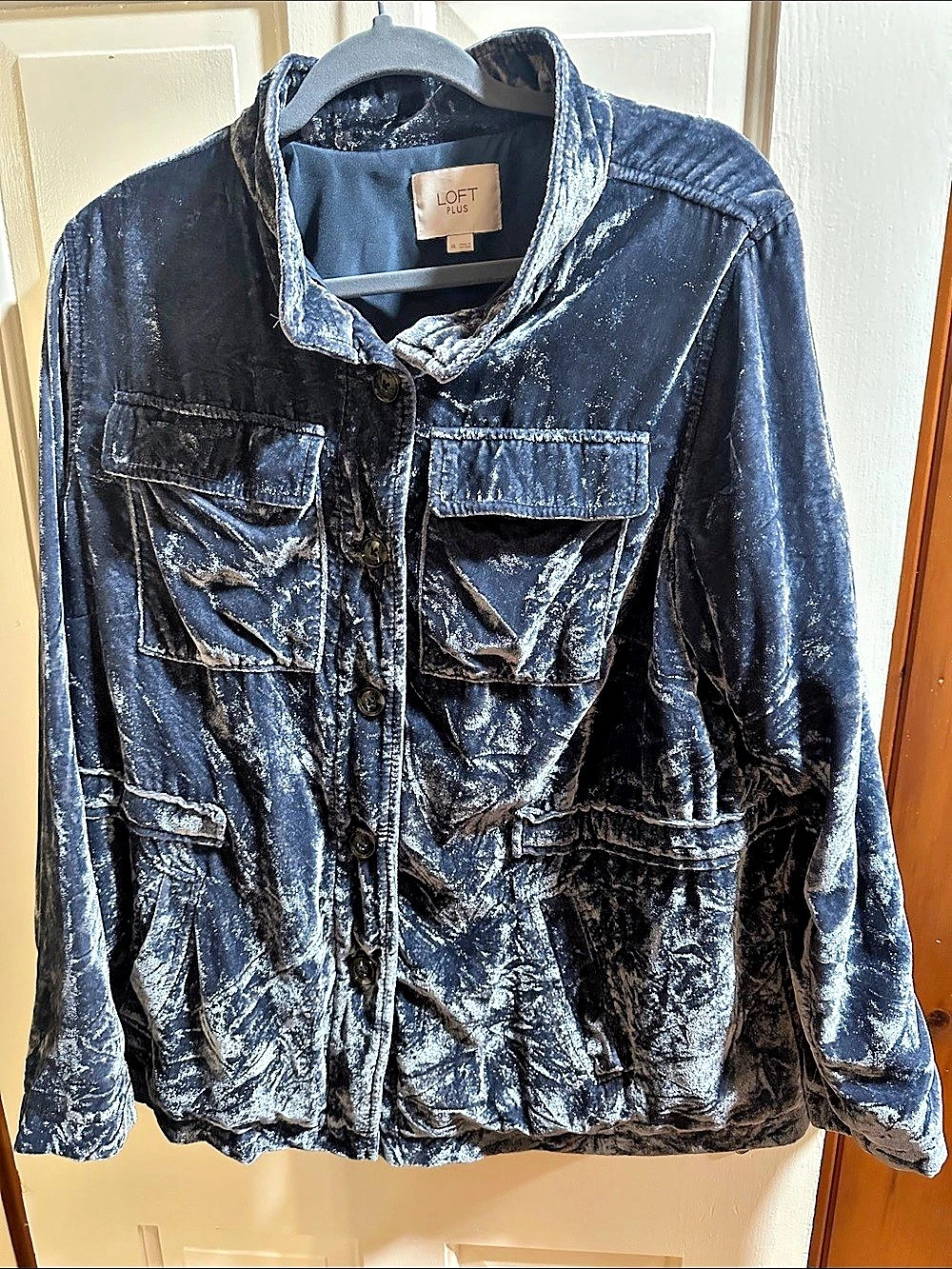 LOFT Plus FAUX Velvet Utility Jacket Blue Size 14